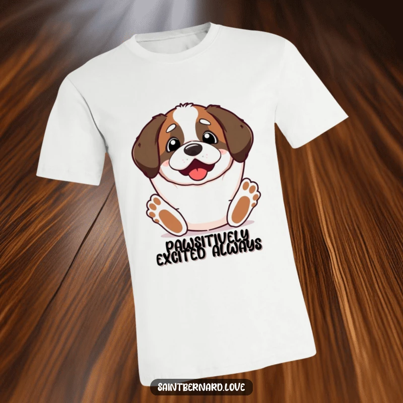 Funny Kawaii Saint Bernard T-Shirt of a dog with paws stretched upwards, looking incredibly excited and ready to celebrate.