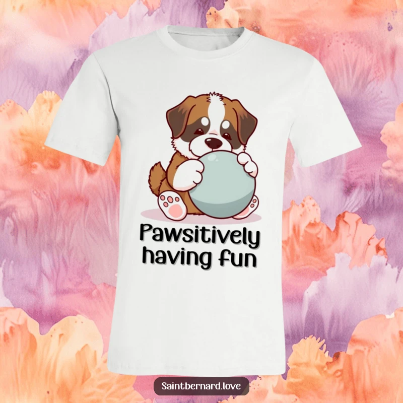 Funny Saint Bernard t-shirt, kawaii dog with big paws playing with large ball, playful and energetic design, comfortable casual wear, ideal funny gift for dog owners.