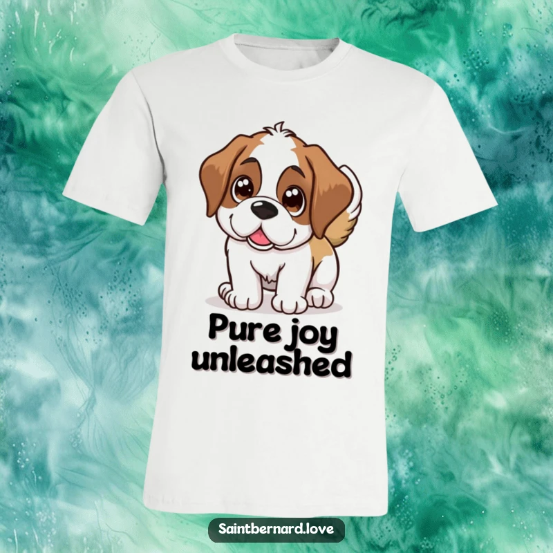 Funny Saint Bernard t-shirt, a happy dog with large shining eyes wagging its tail, cute and humorous pet apparel.