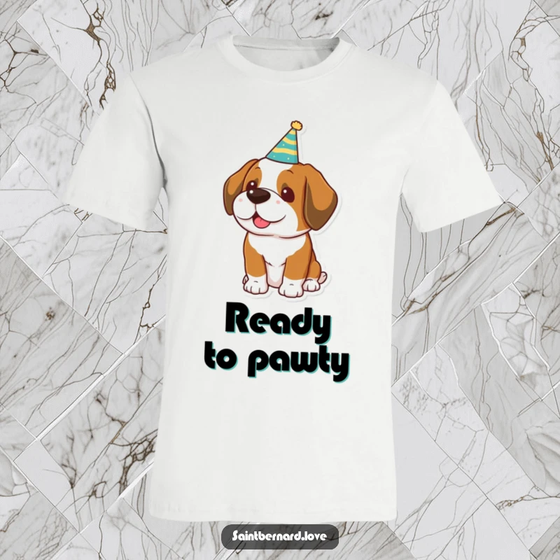 Funny Kawaii Saint Bernard T-Shirt: A joyful dog sporting a small party hat, ready for fun.