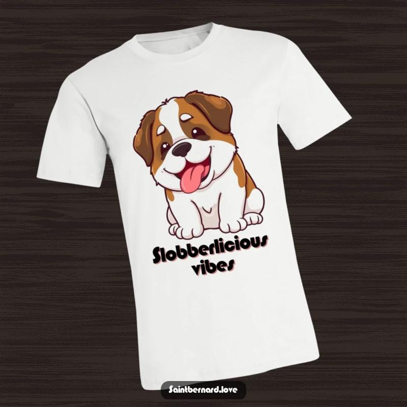 Funny Kawaii Saint Bernard T-Shirt: A cute Saint Bernard beams with a happy grin, playfully slobbering with undeniable, funny charm.