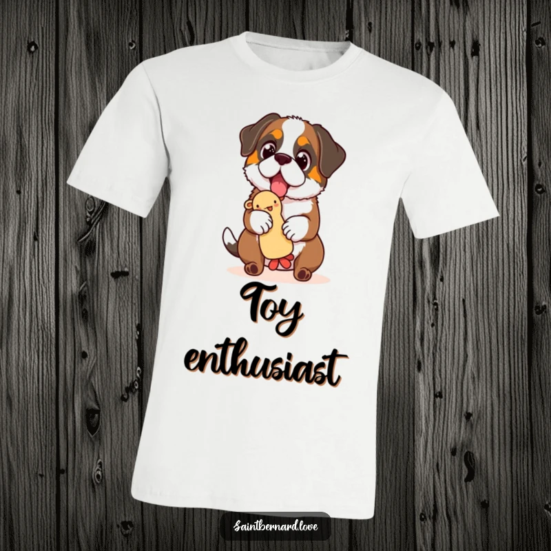 Funny Saint Bernard t-shirt, a large dog with sparkling eyes focusing on balancing a squeaky toy, full of canine charm.