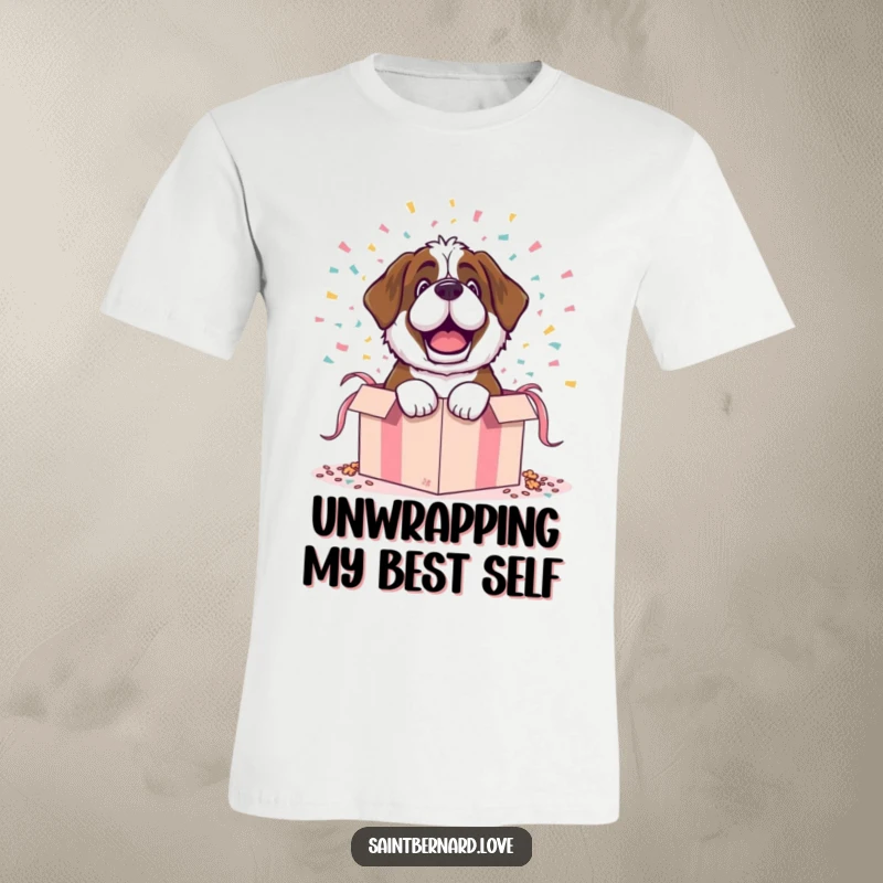 Funny t-shirt featuring a Saint Bernard character dramatically exploding out of a gift box with confetti, embodying playful surprise.
