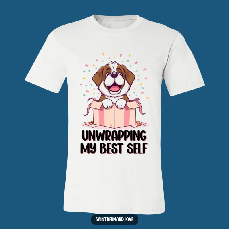 Funny Saint Bernard T-Shirt - Dramatic Gift Box Burst Tee, Hilarious Surprise