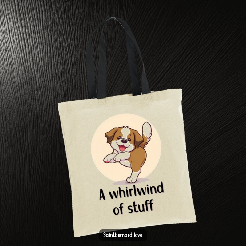 Funny tote bag featuring a Saint Bernard pup doing a joyful tail chase in a circle, a delightful accessory for dog lovers.