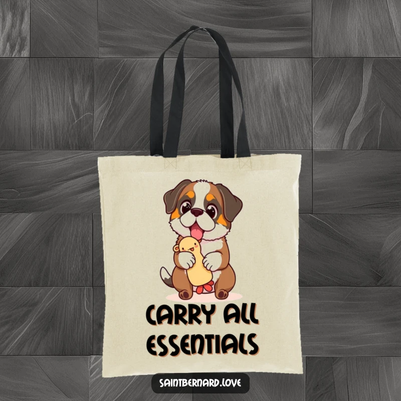 Funny Saint Bernard tote bag, a practical bag showing a dog with sparkling eyes, balancing a squeaky toy, embodying pure pet happiness.
