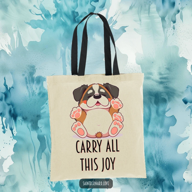 Funny Saint Bernard tote bag printed with a kawaii dog rolling blissfully, paws up in the air, ready to carry your treasures with humor.