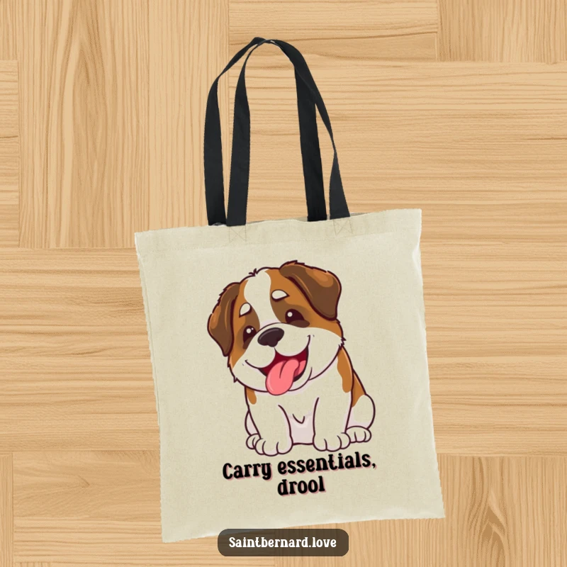Funny Kawaii Saint Bernard Tote Bag: A cute Saint Bernard shows a happy grin while playfully slobbering, adding funny charm to this practical bag.