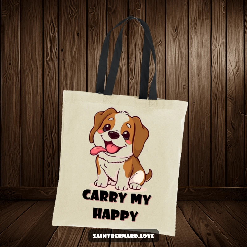 Funny Saint Bernard tote bag featuring a kawaii dog with a wide, happy, panting grin, ready to carry your items with cheerful energy.