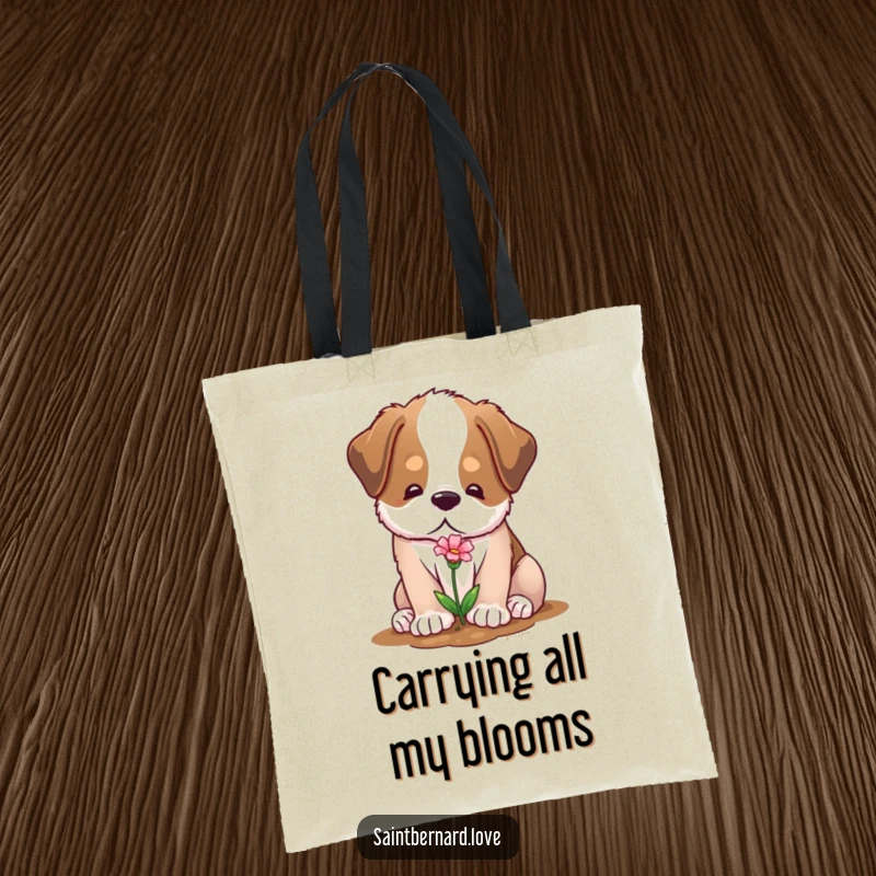 Funny tote bag featuring a soft Saint Bernard character with a gentle expression, planting a tiny flower, perfect for nature lovers.