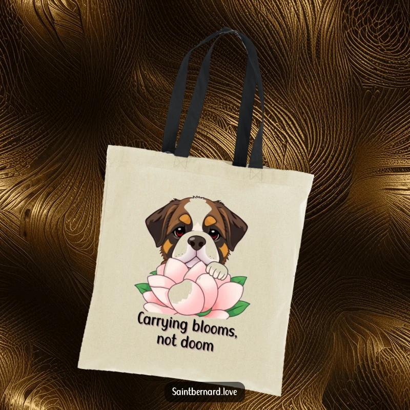 Funny Saint Bernard tote bag with a playful dog peeking over an oversized flower, perfect for carrying treasures with a smile.
