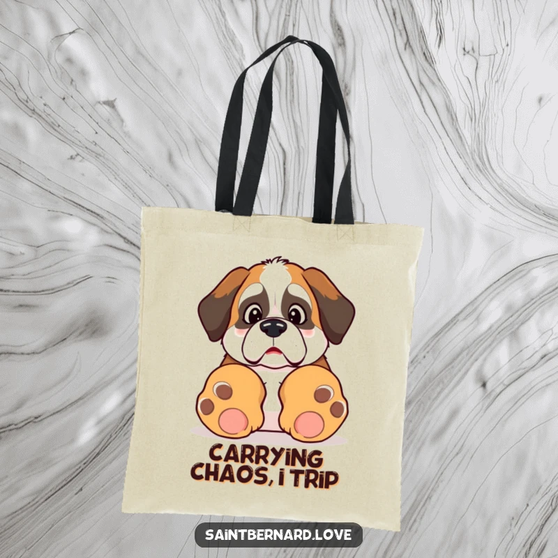 Funny Kawaii Saint Bernard tote bag, illustrating a surprised dog tripping over its paws, a comical and practical accessory.