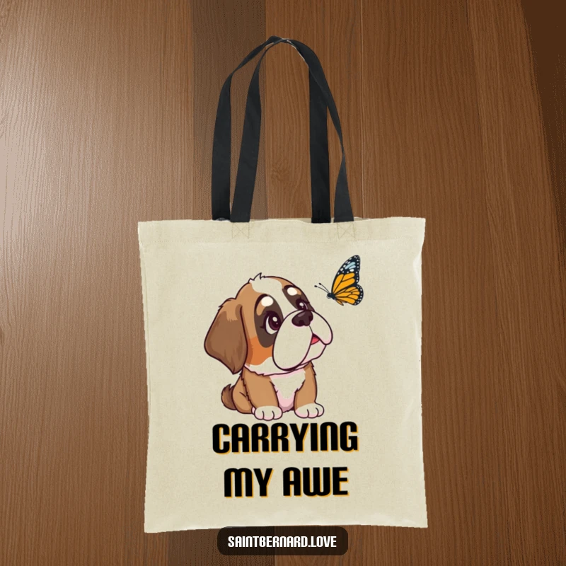 Funny Saint Bernard tote bag showcasing a loyal dog with a relaxed ear, curiously watching a butterfly, perfect for carrying items with gentle humor.