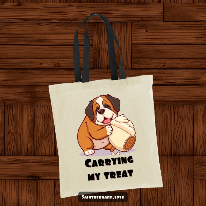 Funny Saint Bernard tote bag with a dog nudging a giant rolling ice cream cone, showcasing a humorous and relatable love for frozen treats.