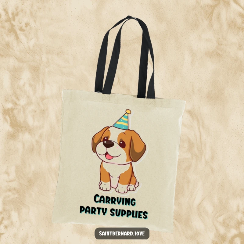 Funny Kawaii Saint Bernard Tote Bag: A happy dog wearing a party hat, ready for any celebration.