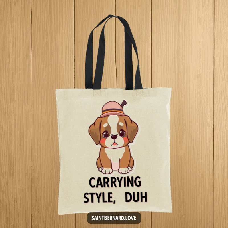 Funny Kawaii Saint Bernard tote bag, showcasing a dog wearing a small, tilted hat, perfect for stylish and humorous errands.