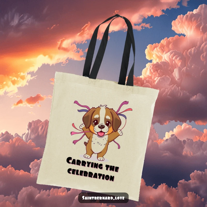 Funny Saint Bernard tote bag with a dog dancing with streamers, perfect for carrying essentials with a vibrant and humorous party vibe.