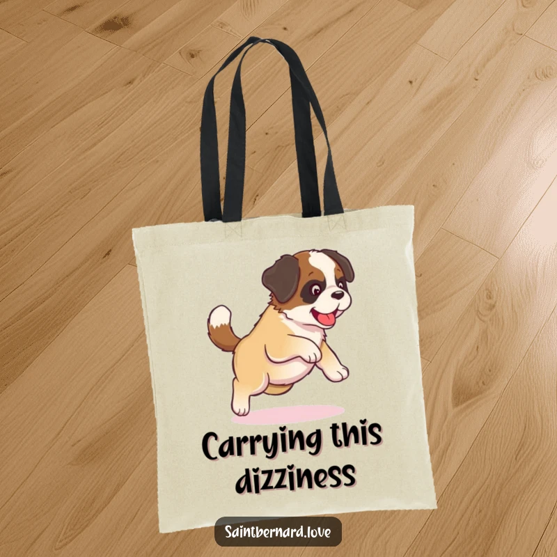 Funny Kawaii Saint Bernard Tote Bag: A kawaii puppy chases its tail in a funny circle, perfect for carrying your essentials with charm.