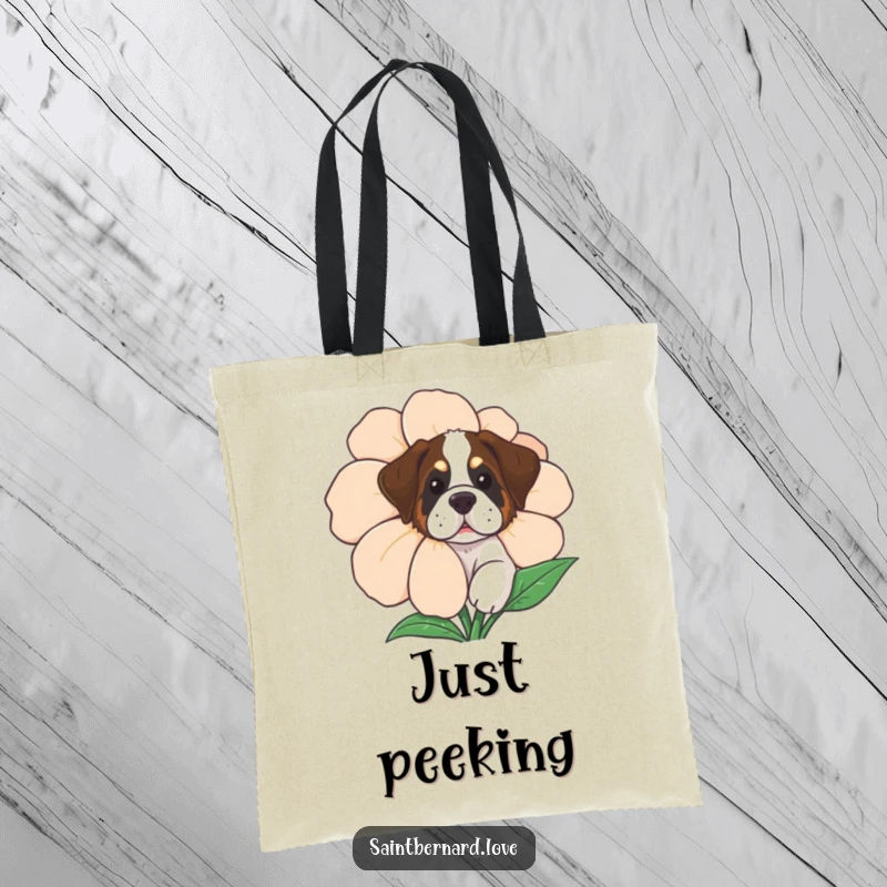 Funny Saint Bernard Tote Bag, a curious dog peeking from behind a large flower, a cute and whimsical accessory.