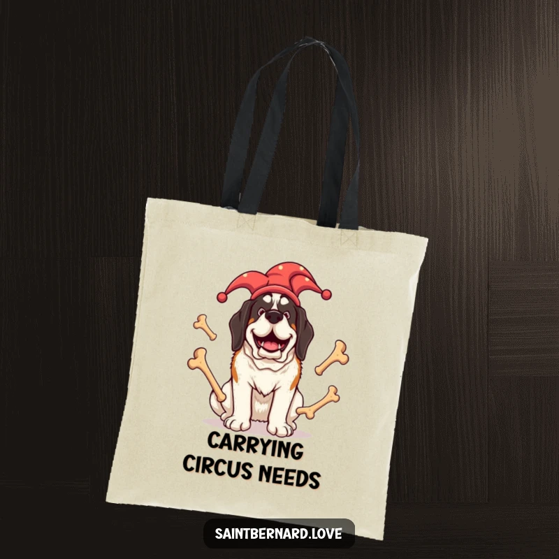 Funny Saint Bernard tote bag depicting a giant dog in a jester hat, juggling massive bones with an overjoyed expression, great for shoppers.