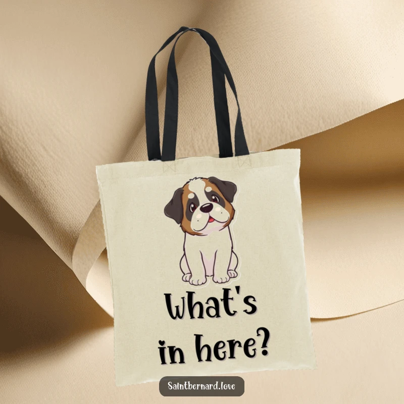 Funny Kawaii Saint Bernard Tote Bag: A cute Saint Bernard tilts its head curiously, adding funny, inquisitive charm to this practical bag.