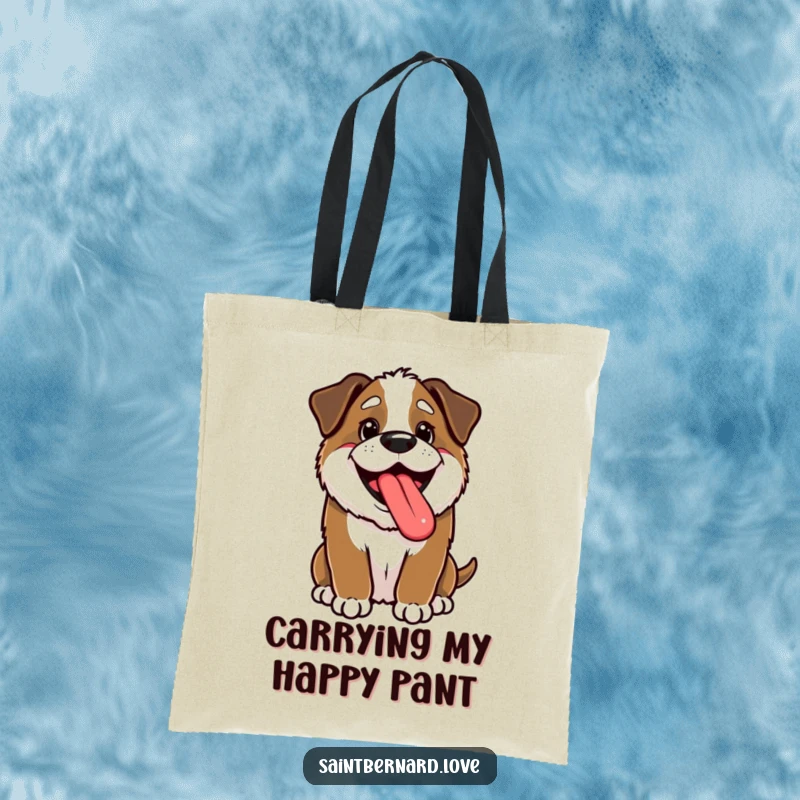 Funny Kawaii Saint Bernard Tote Bag: A happy puppy pants with its tongue out, perfect for carrying your items with funny, joyful energy.