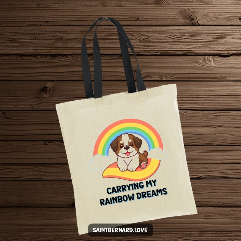 Funny Saint Bernard tote bag, illustrating a big fluffy puppy sliding down a cartoon rainbow, symbolizing fun and adventure.