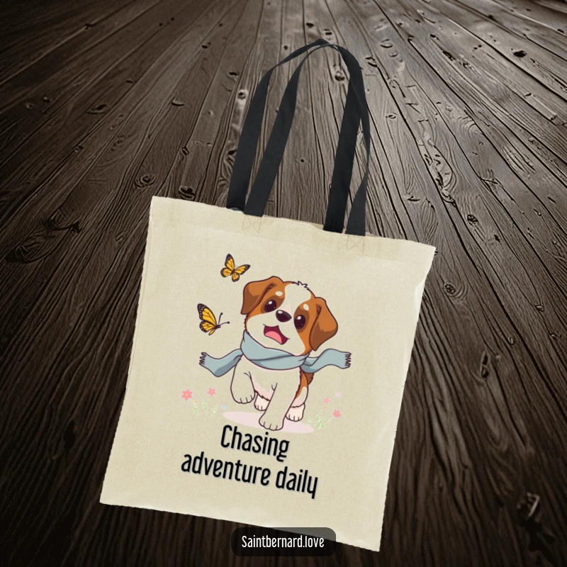 Funny Saint Bernard tote bag, a dog in a scarf chasing a butterfly, humorous and practical accessory.