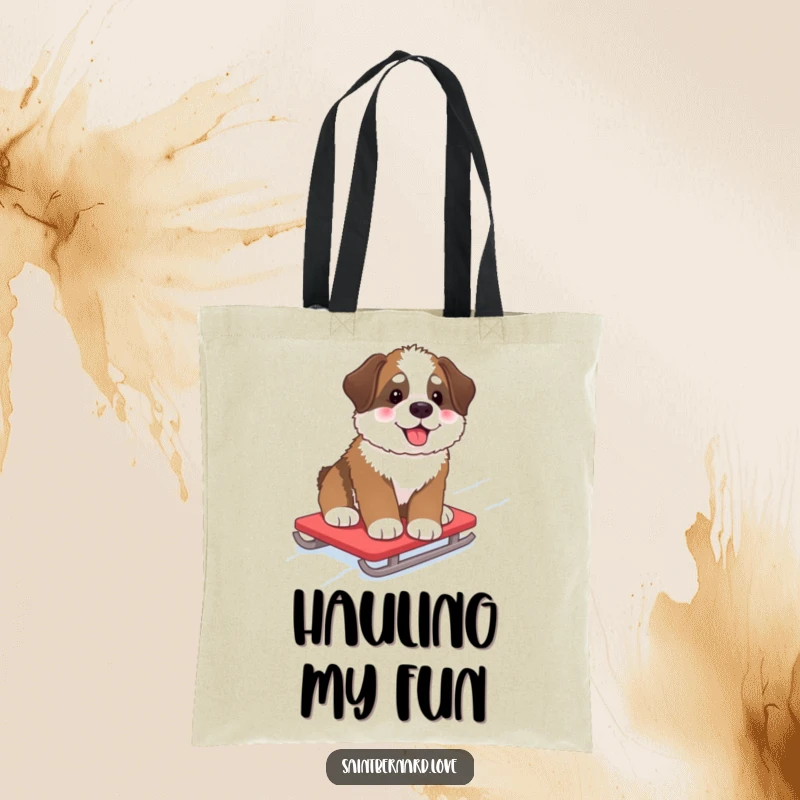 Funny Tote Bag featuring a fluffy Saint Bernard pup with rosy cheeks, happily sledding down a snowy hill, a charming and humorous accessory.