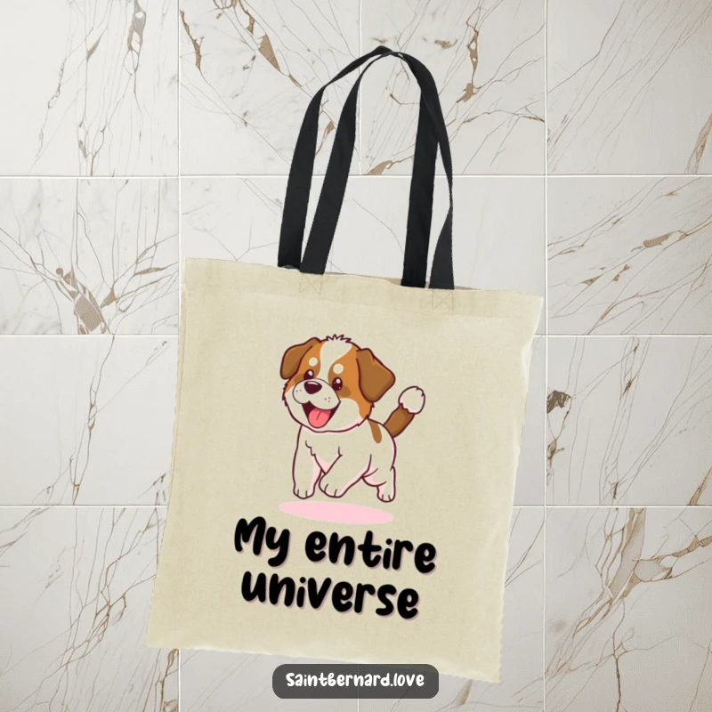Funny Saint Bernard Puppy Tote Bag: Adorable puppy chasing tail in a circle, cute and practical accessory for everyday errands and shopping.