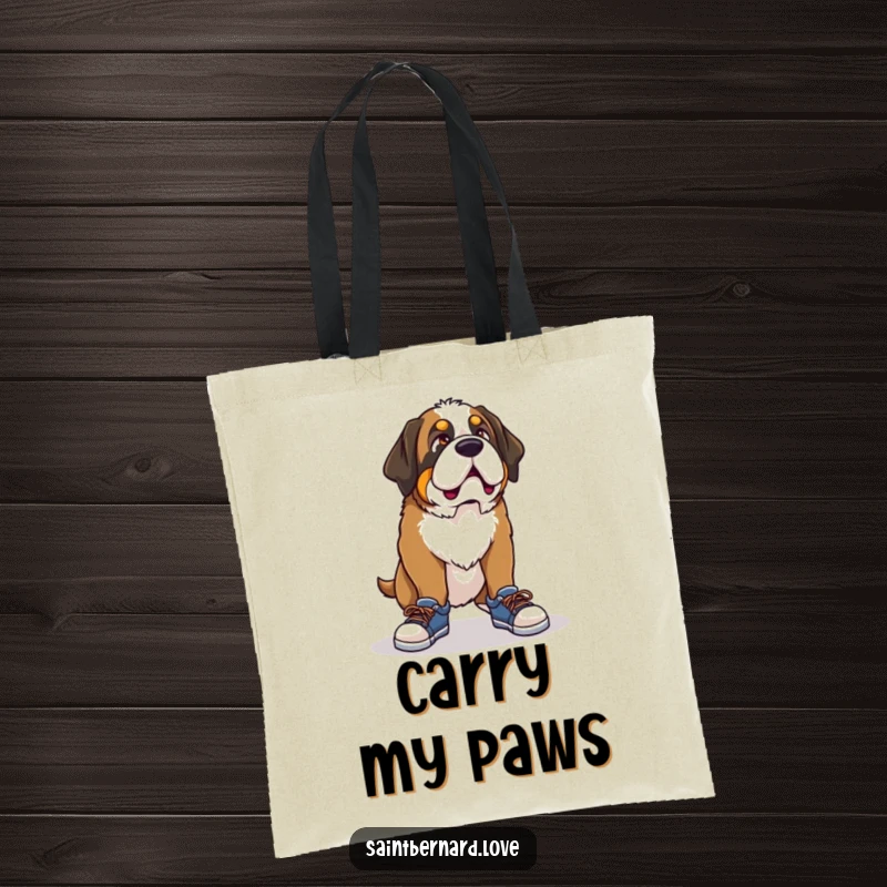 Funny Saint Bernard tote bag, a practical bag depicting a dog with a funny look trying to put on comically small shoes, showcasing a humorous situation.
