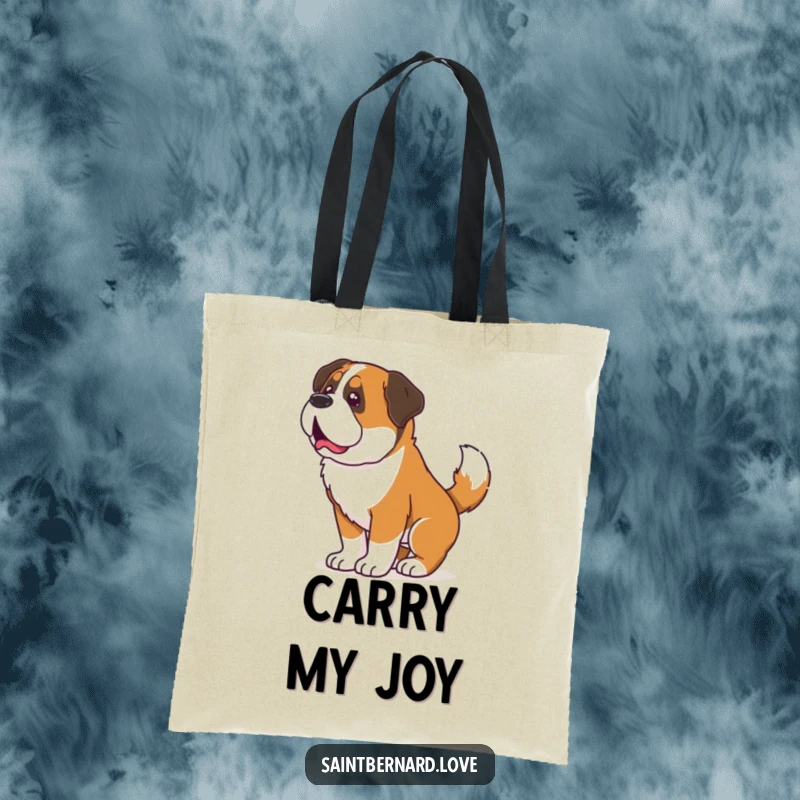Funny Saint Bernard tote bag, a practical bag showing a dog whose entire body shakes from its vigorously wagging tail, expressing pure delight.