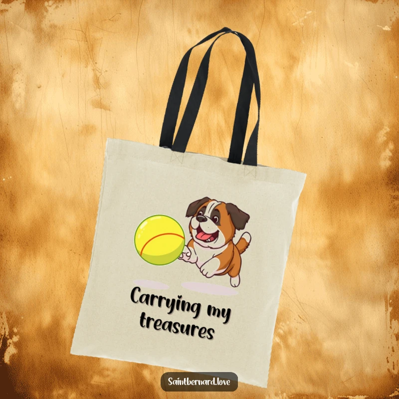 Funny Saint Bernard tennis ball tote bag with a dog excitedly chasing a huge ball, perfect for everyday use.