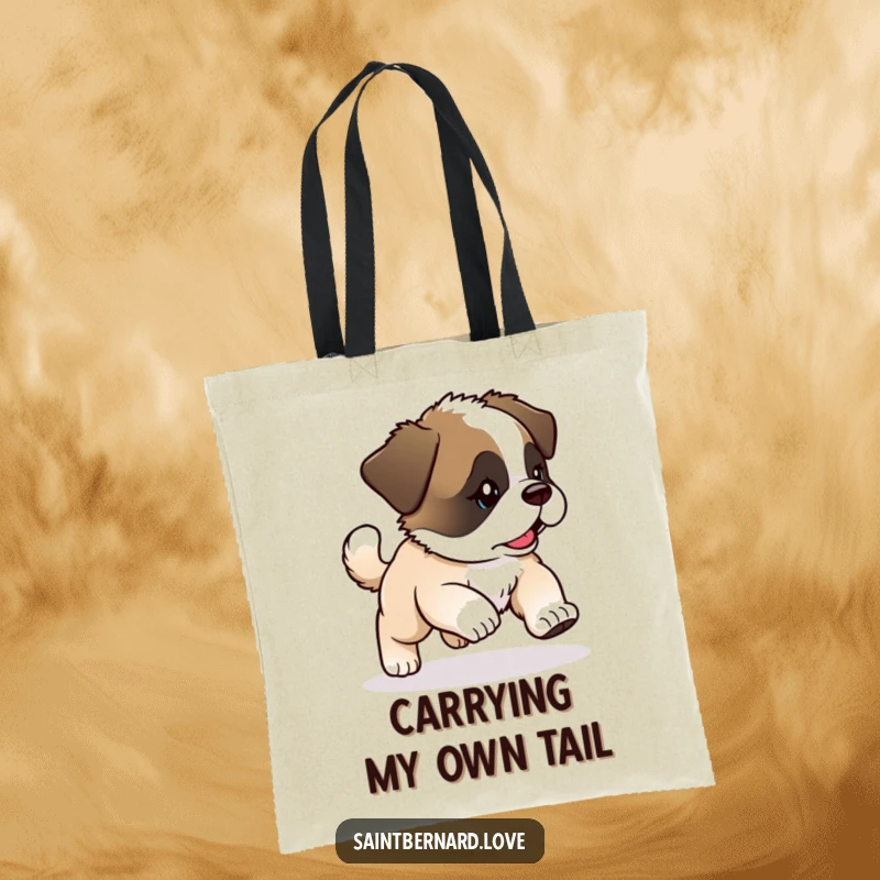 Funny Kawaii Saint Bernard Puppy Tote Bag: Puppy chases tail with glee, practical funny gift.