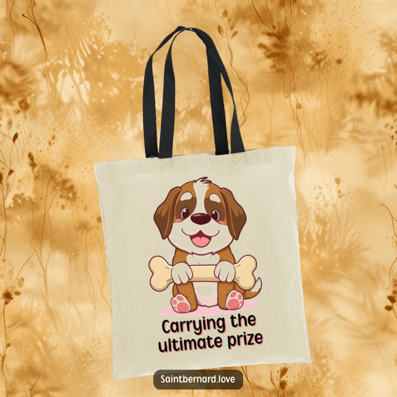 Funny Saint Bernard tote bag, kawaii dog offering giant bone with smile, generous humorous illustration, durable and stylish, ideal funny gift for shoppers.