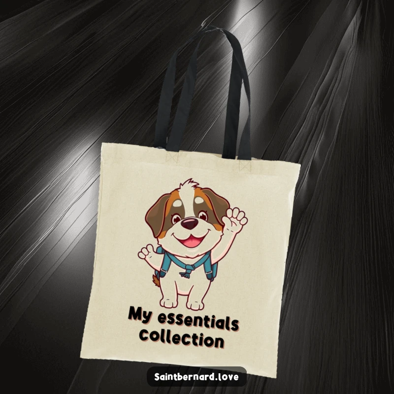 Funny Saint Bernard tote bag showcasing a goofy character wearing a backpack and waving with a wide, friendly smile, great for everyday use.