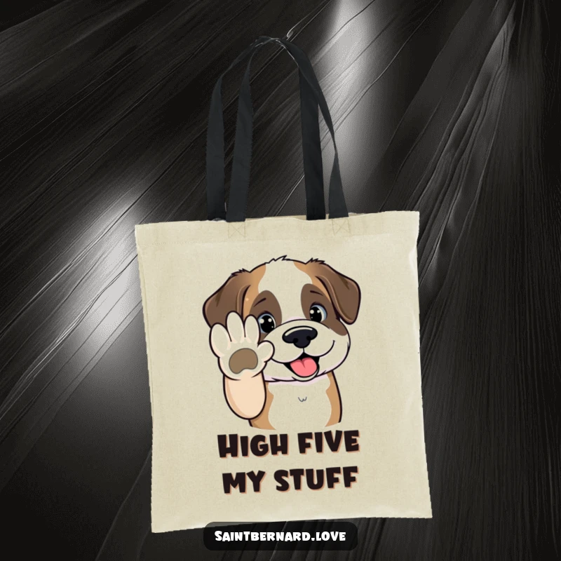 Funny Saint Bernard tote bag featuring a kawaii dog holding out its paw for a high-five, ready to help carry your belongings with joy.