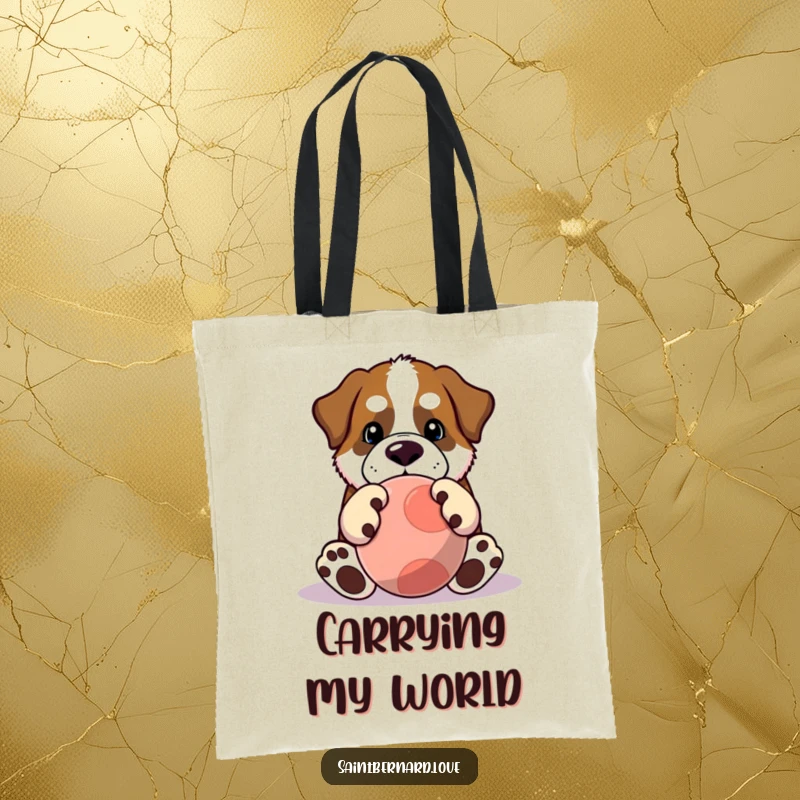 Funny Saint Bernard tote bag featuring a Kawaii dog with huge paws playing with a large ball. A humorous and practical accessory.