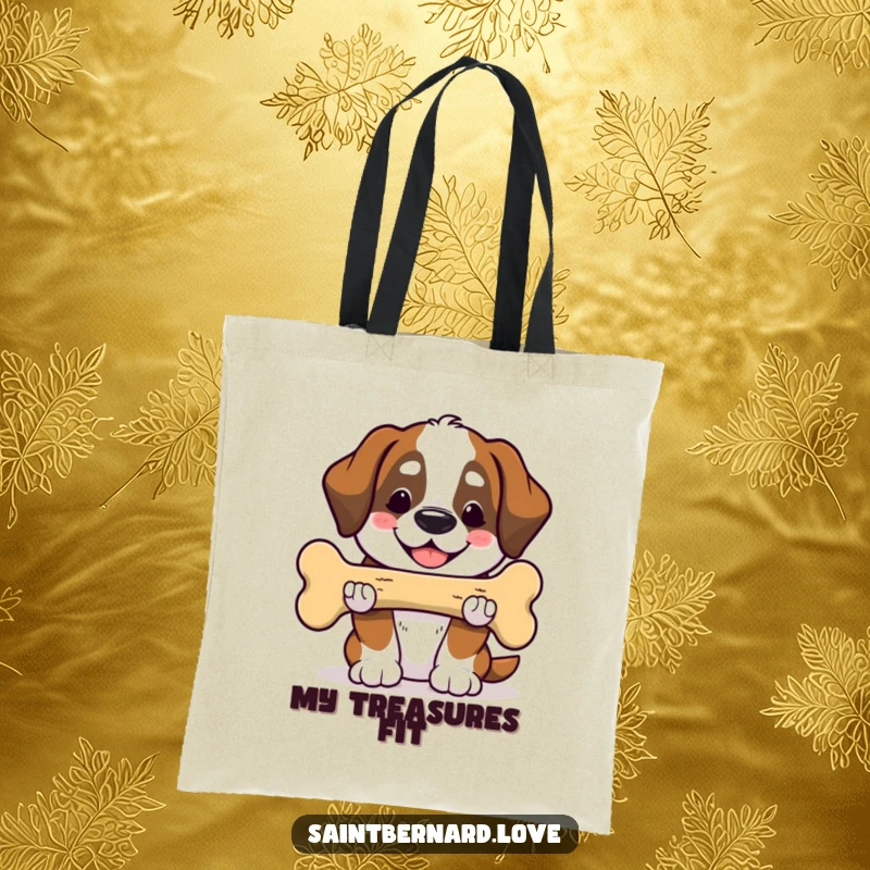 Funny Saint Bernard tote bag featuring a Kawaii dog smiling and offering a very large bone. A humorous and thoughtful accessory.