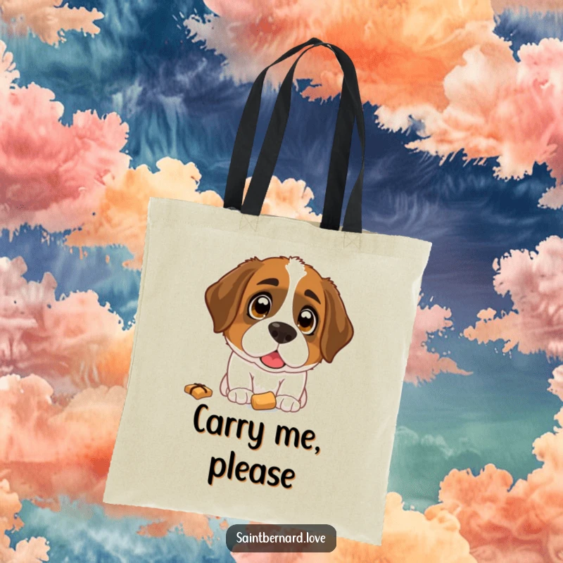 Funny Saint Bernard Tote Bag: A large tote bag displaying a Saint Bernard with enormous, hopeful eyes looking intently at a dropped treat.