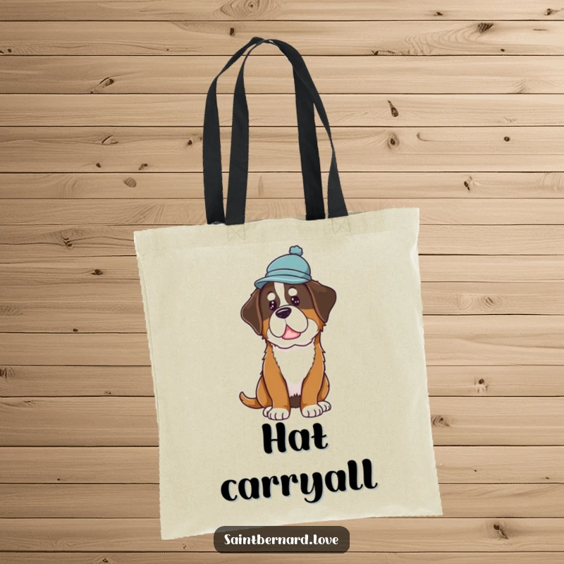 Funny Saint Bernard Hat Tote Bag featuring a dog in a hat, tilting its head with curiosity, perfect for stylish and humorous carrying.