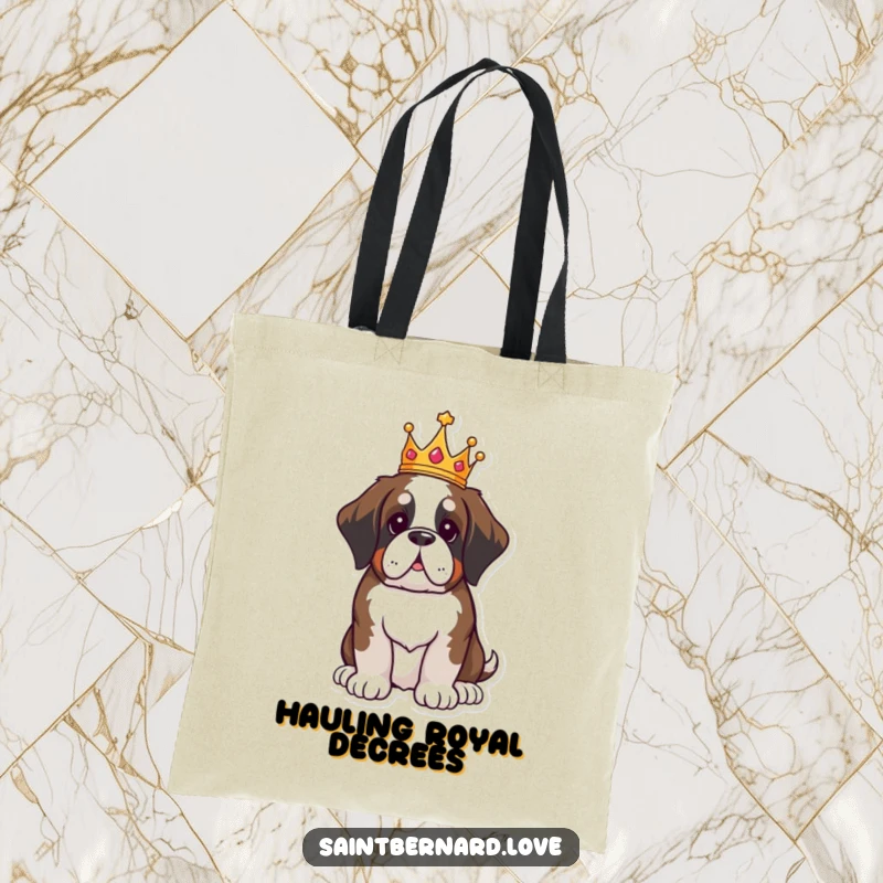 Funny Saint Bernard tote bag, kawaii dog wearing crown sitting proudly, royal and humorous illustration, durable and stylish, ideal funny gift for shoppers.