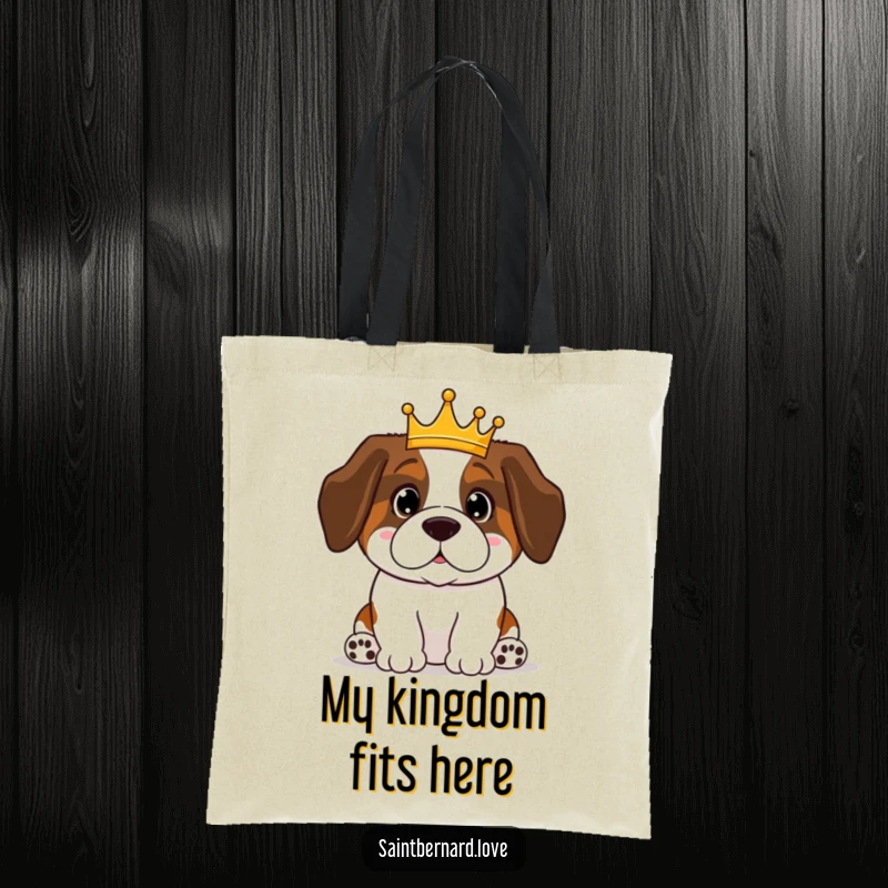 Funny Saint Bernard tote bag showcasing a proud, crowned Kawaii dog, perfect for carrying items in regal style. A humorous tote.