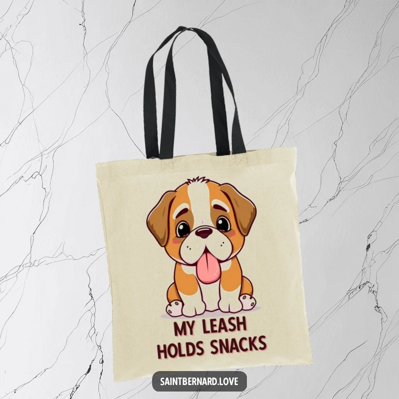 Funny Kawaii Saint Bernard tote bag, showing a happy panting dog presenting a slobbery toy, great for errands and smiles.