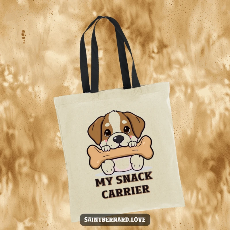 Funny Saint Bernard tote bag featuring a kawaii dog peeking around a large dog bone, ready to carry your items with playful secrecy.