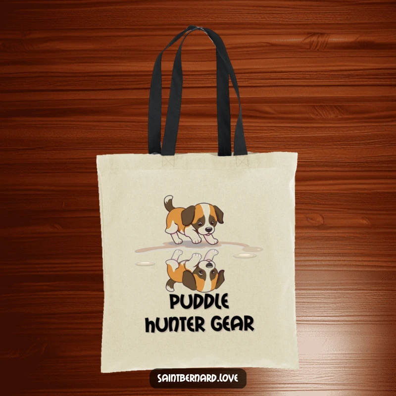Funny Saint Bernard Puddle Tote Bag featuring a dog with an enthusiastically wagging tail, chasing its reflection in a puddle.