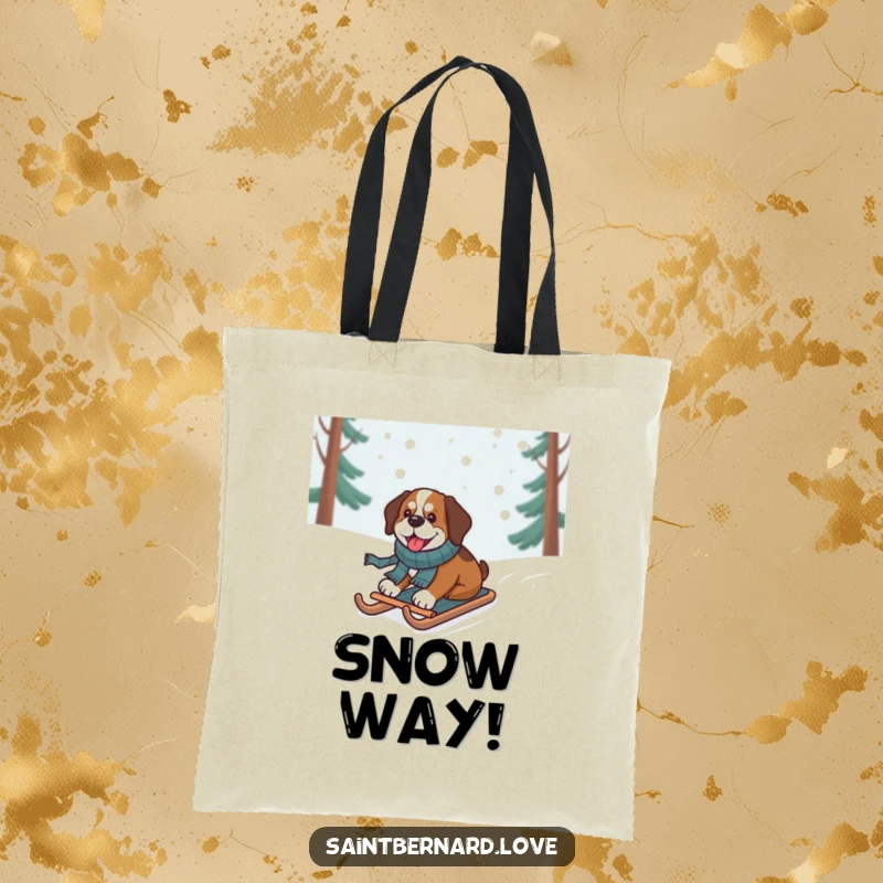 Funny Saint Bernard Tote Bag, a happy dog in a scarf sledding down a snowy hill, a winter-themed accessory.
