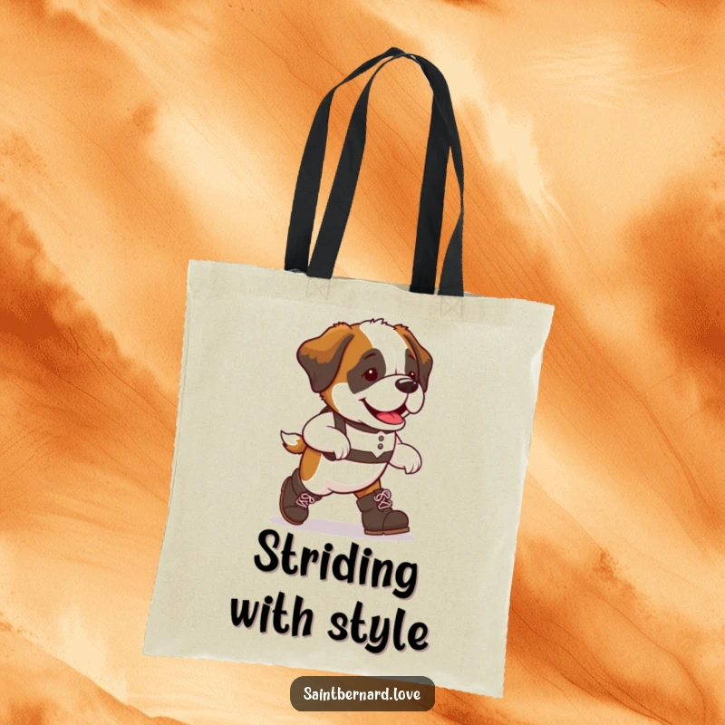 Funny Saint Bernard dog tote bag, oversized boots, marching with unstoppable spirit, ideal for carrying all dog-related necessities with humor.