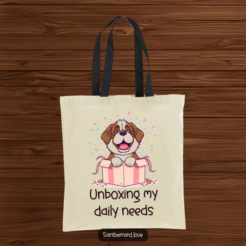 Funny tote bag featuring a Saint Bernard character dramatically bursting out of a gift box with confetti, perfect for carrying joy.
